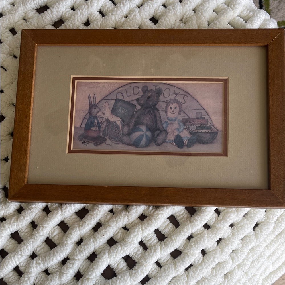 Vintage oak,Marie McLaughlin 'Old Toys' Nursery Print, matted with glass. GUC